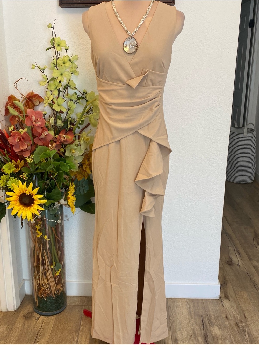 Elegant Beige Sleeveless Ruffle-Detail Maxi Dress
